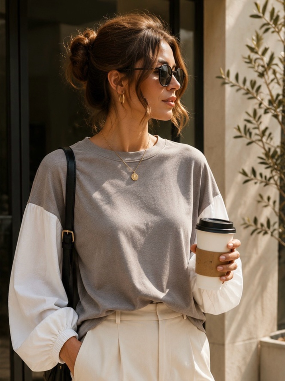 Boutique Taupe & White Balloon Sleeve Top | Elevated Casual Chic